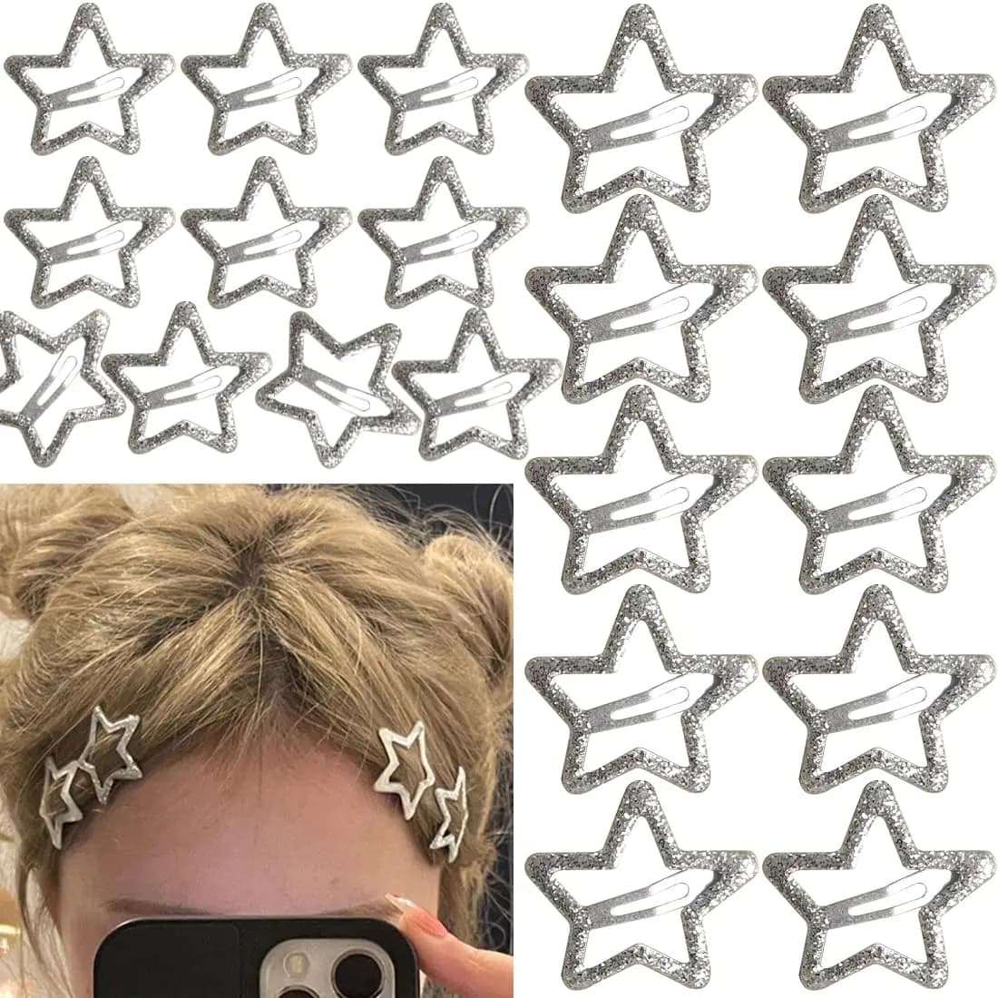 10/20PCS Silver Metal Sparkling 1.2" Star Hair Clips Snap Hair Barrettes Non Slip Clips for Girls Women Y2K Hair Accessories