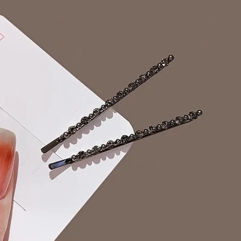 2pcs Sparkling Diamond Decorated Black One-Way Hair Clip Set - Luxurious Texture Women's Daily Bangs Styling Fashion Headwear