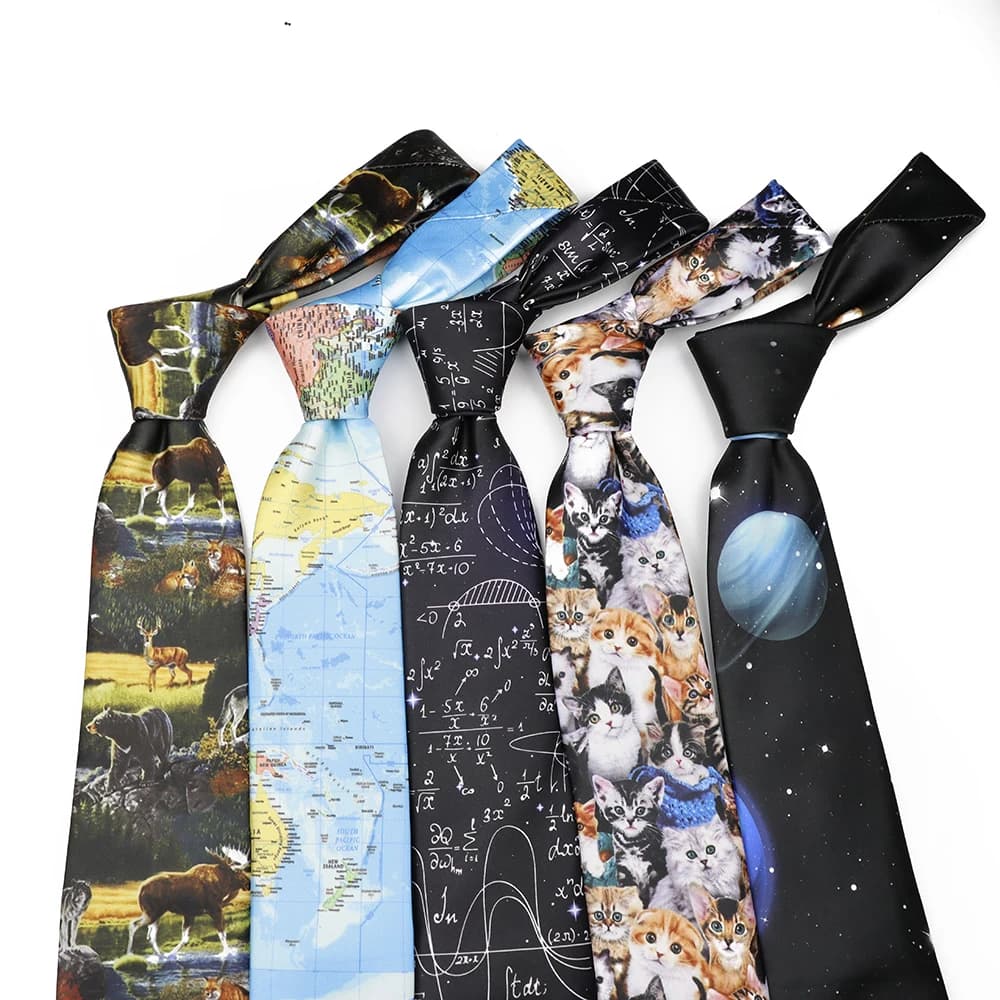 Men's Smooth Soft Polyester 8cm Tie Vintage Cute Giraffe Cat Vegetable Reindeer Pattern Printed Wedding Party Accessory Gift