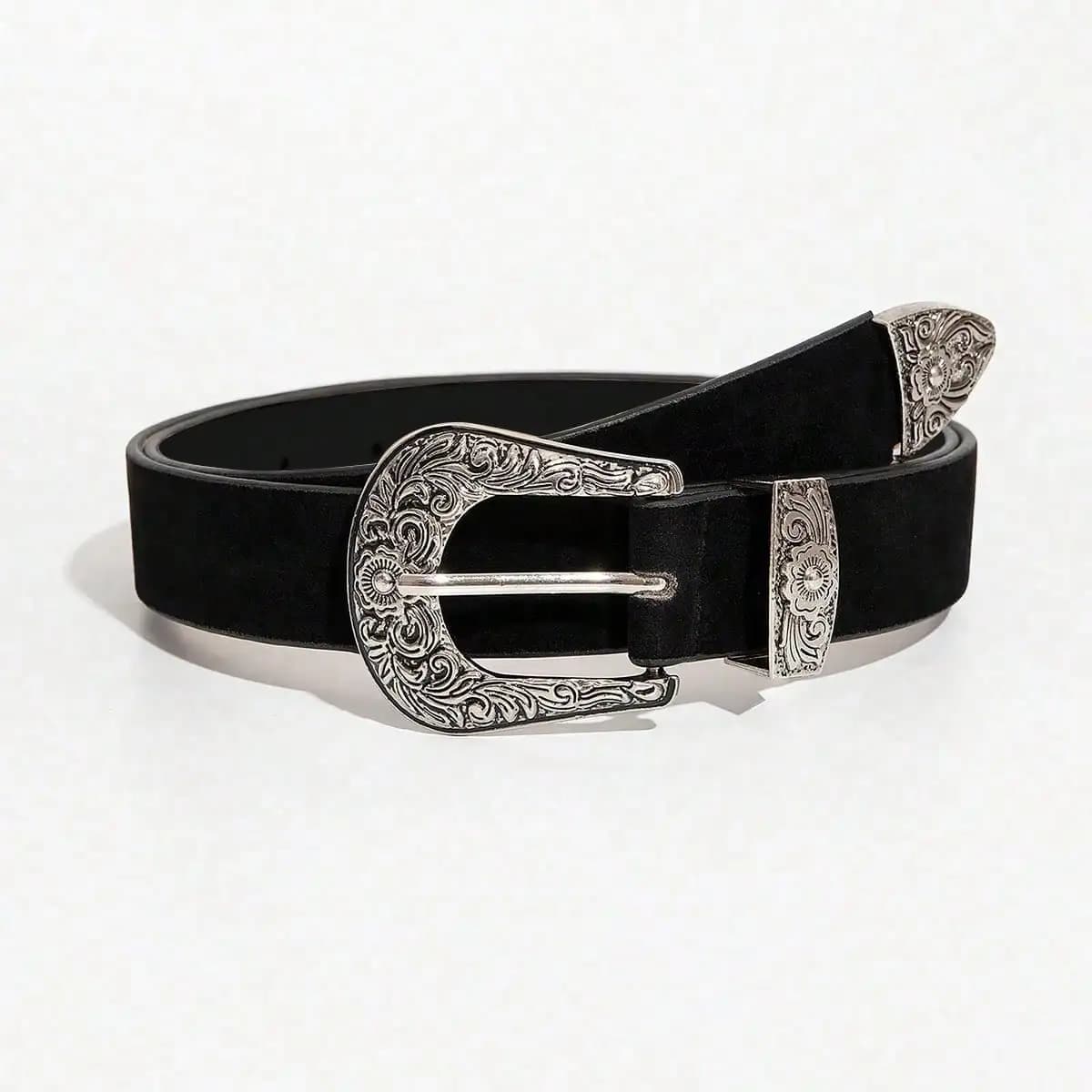 Women's black vintage bohemian style light luxury silver engraved metal buckle velvet belt for jeans, a versatile accessory be