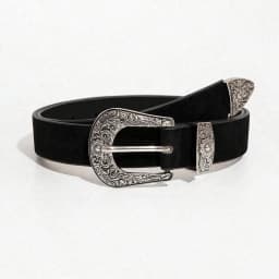Women's black vintage bohemian style light luxury silver engraved metal buckle velvet belt for jeans, a versatile accessory be