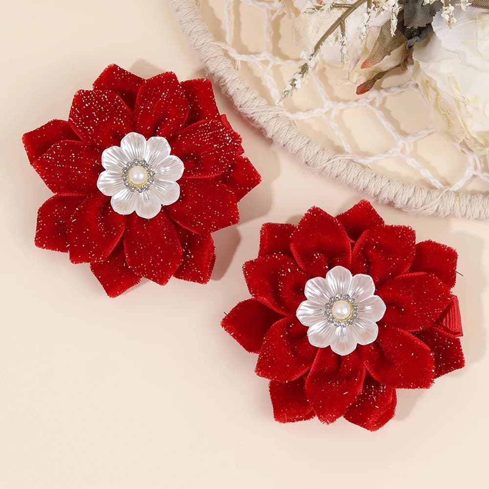 2Pcs Glittering Velvet Hair Clips Sweet Artificial Flower Hairpins Elegant Floral Pearls Barrette For Girl Headwear Accessories