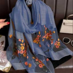 Elegant floral embroidered silk scarf for women, stylish sunscreen beach shawl with beaded trim, bohemian windproof must-have