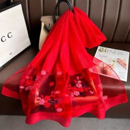 Elegant floral embroidered silk scarf for women, stylish sunscreen beach shawl with beaded trim, bohemian windproof must-have