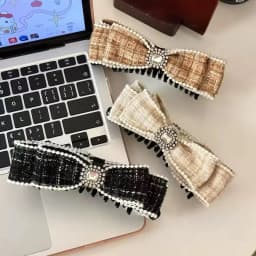 1pc Luxurious Korean-style square diamond pearl bow banana hair clip, sweet temperament ponytail hairpin, vertical clip