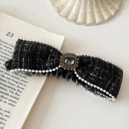 1pc Luxurious Korean-style square diamond pearl bow banana hair clip, sweet temperament ponytail hairpin, vertical clip