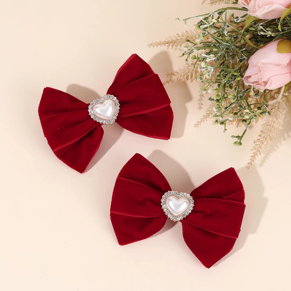 2Pcs Red Velvet Bow Hair Clips For Girls Minimalist Retro Heart Rhinestones Hairpins Children Daily Headwear Hair Accessories