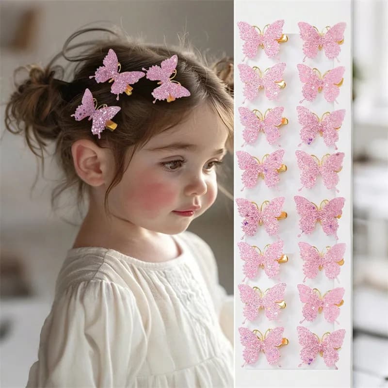 10Pcs Set Pink Sparkling Butterfly Hair Clip Children's Sparkling Hair Clip Girl Cute Styling Headwear Set Butterfly Hair Clip