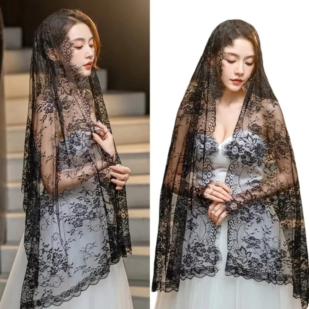 New Lace Women Shawl Flower Long Catholic Veil Black Bride Head Covering Mantilla