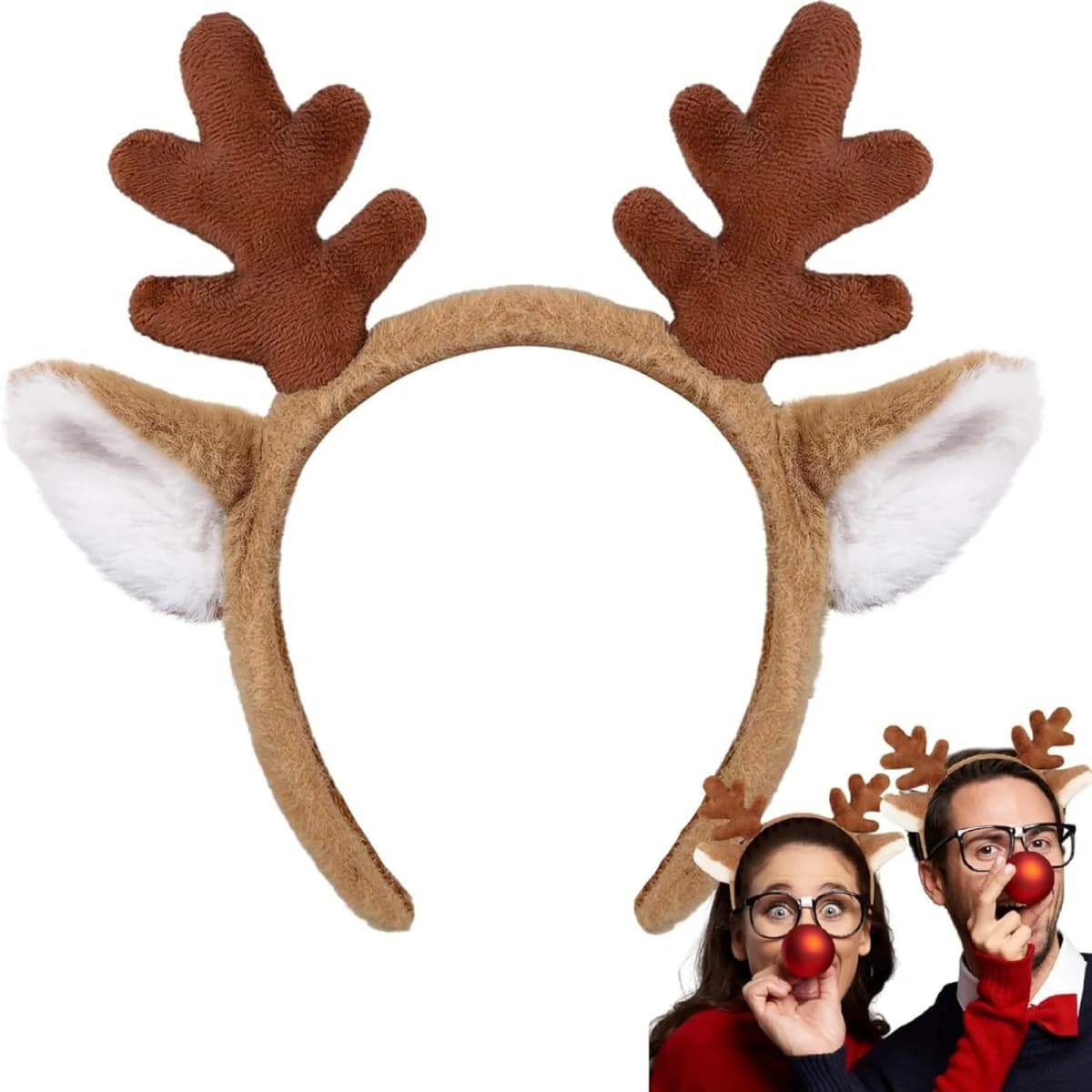 1PC Christmas Reindeer Antlers Headband - Plush Festive Hair Accessory with Ears, Cute Holiday Party Decoration