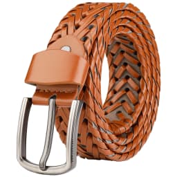 Men's black braided leather belt,silver pin buckle,versatile wear,matching jeans,trousers,suits,comfortable wearing