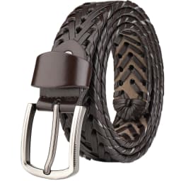 Men's black braided leather belt,silver pin buckle,versatile wear,matching jeans,trousers,suits,comfortable wearing