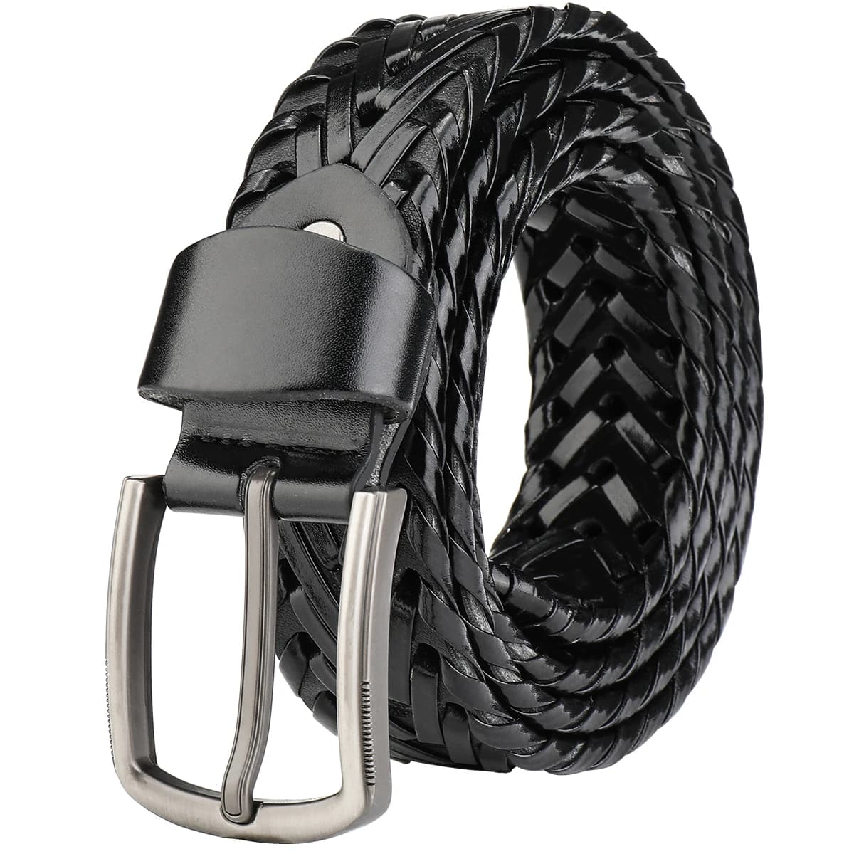 Men's black braided leather belt,silver pin buckle,versatile wear,matching jeans,trousers,suits,comfortable wearing