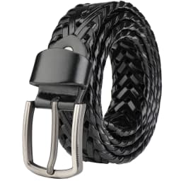 Men's black braided leather belt,silver pin buckle,versatile wear,matching jeans,trousers,suits,comfortable wearing