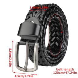 Men's black braided leather belt,silver pin buckle,versatile wear,matching jeans,trousers,suits,comfortable wearing