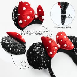 3D Velvet Mouse Ears Headband with Pearls Beads, Red Bow Hairband, Park Party Headwear for Women Girls Hair Accessories