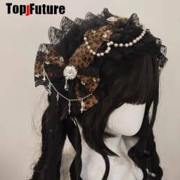 Mars Gal Harajuku Gothic Subculture Lace Leopard Print Lolita Steampunk Y2K Girl Women Bow Hair Clip Hair Clips Pins Hairpin