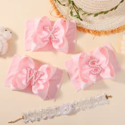 26 Letters Pink Big Bows Pearl Headbands for Baby Girls 5.98'' Wide Nylon Knotted Soft Elastic Hair Bands Wraps Headwear 1PCS
