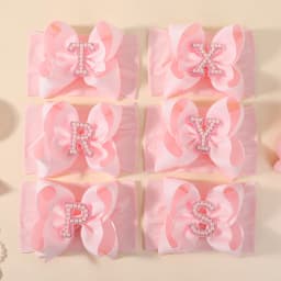 26 Letters Pink Big Bows Pearl Headbands for Baby Girls 5.98'' Wide Nylon Knotted Soft Elastic Hair Bands Wraps Headwear 1PCS
