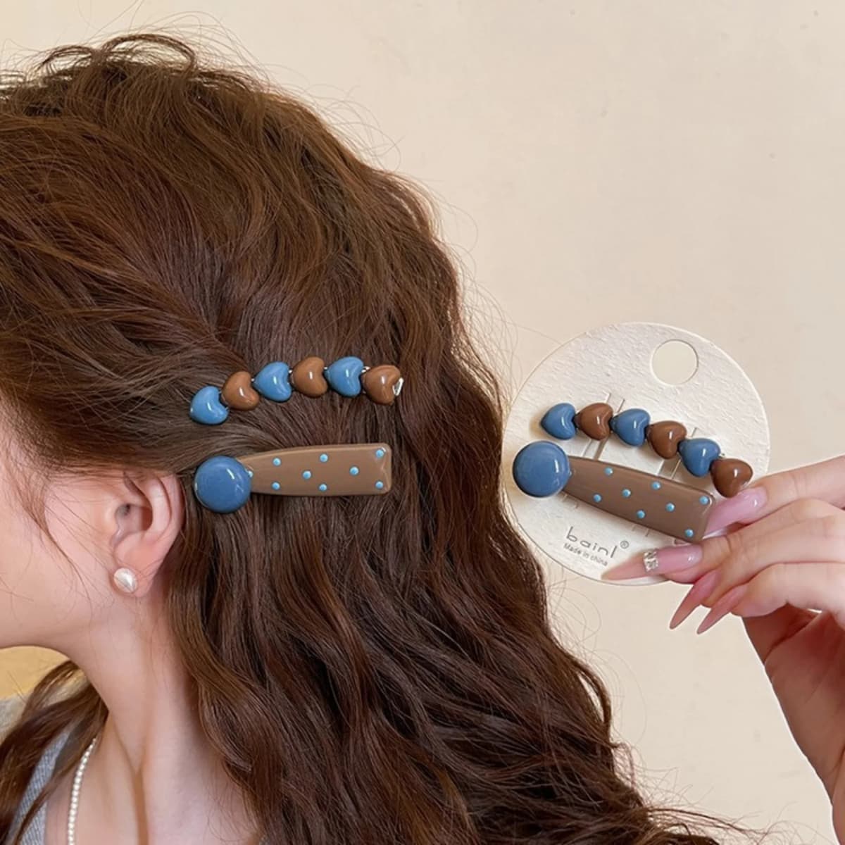 2PCS Brown &Blue Beaded Hair Clips Set,With Dot Accents,Cute Retro-Style Women’s Hair Accessories,Stylish Daily Wear Party Decor
