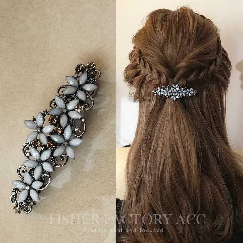 Elegant Floral Hair Clip Alloy Spring Clasp with Rhinestones Minimalist Ponytail Holder for Back Head Women Hairpin