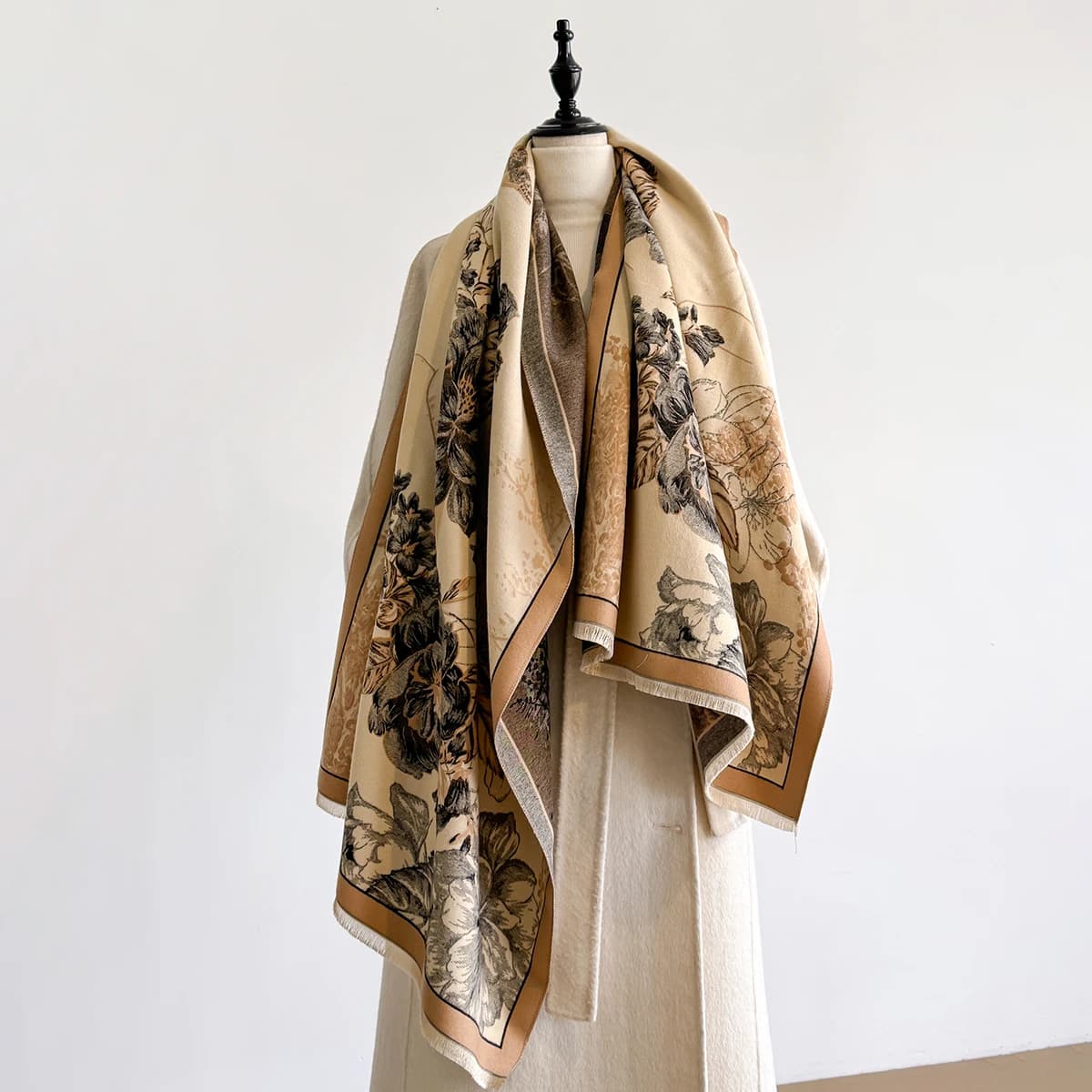 Brand Fashion Winter Cashmere Shawl for Women - Tasseled Flower Printed Pashmina Scarf, Thick Warm Wrap & Poncho