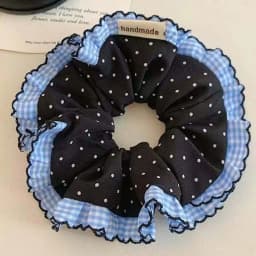 1PC Artistic-Style Blue Plaid & Polka Dot Lace Hair Scrunchie, Black Polka Dot Hair Scrunchie/Hair Tie/Hair Elastic for Top Knot