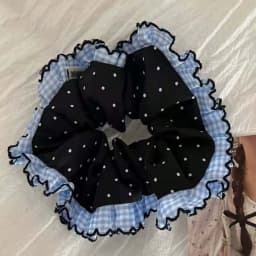1PC Artistic-Style Blue Plaid & Polka Dot Lace Hair Scrunchie, Black Polka Dot Hair Scrunchie/Hair Tie/Hair Elastic for Top Knot