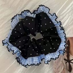 1PC Artistic-Style Blue Plaid & Polka Dot Lace Hair Scrunchie, Black Polka Dot Hair Scrunchie/Hair Tie/Hair Elastic for Top Knot
