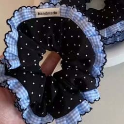 1PC Artistic-Style Blue Plaid & Polka Dot Lace Hair Scrunchie, Black Polka Dot Hair Scrunchie/Hair Tie/Hair Elastic for Top Knot