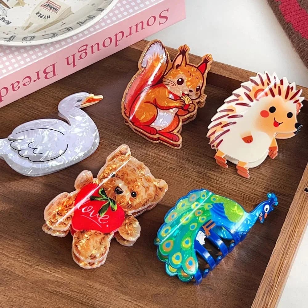 1pc cute animal hair clip bear peacock cartoon squirrel hairpin back of head bun hedgehog shark hair accessory