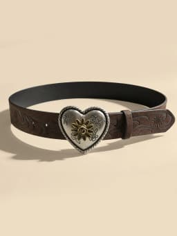 Heart Flower Metal Buckle Belt Brown Embossed Women's Retro Waistband Fashion Decorative Belt