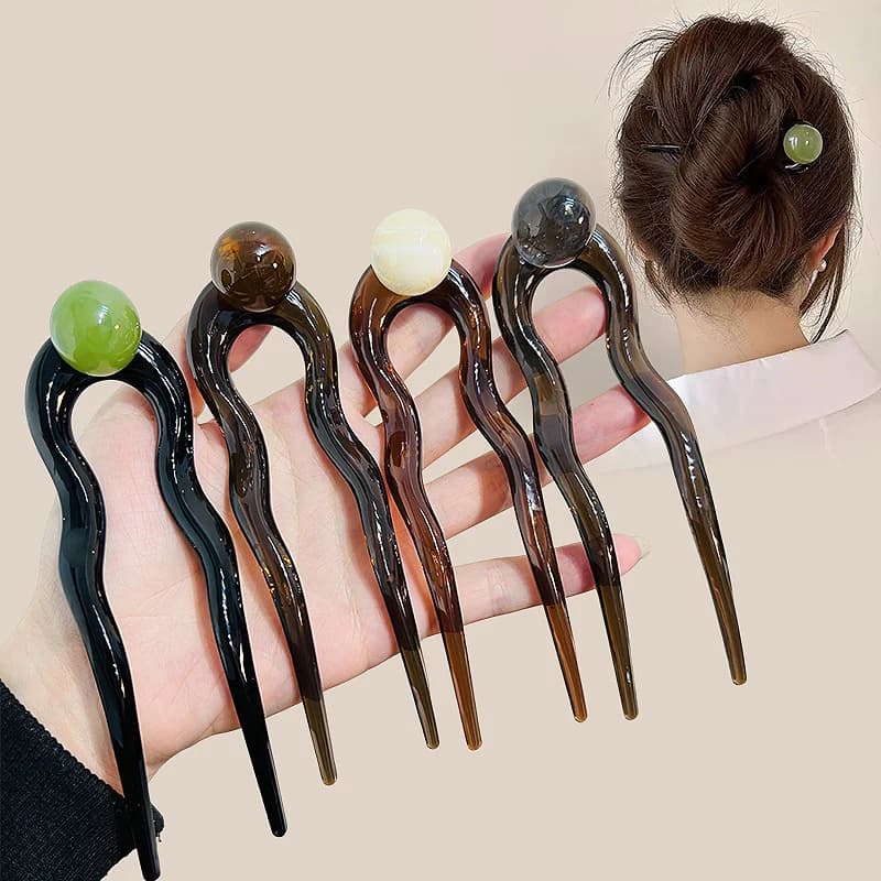 Women Twist Hair Clip for Girls Fashion Plastic Acrylic Bead Hair Sticks U-Shaped Hairpin Geometric Female Lady Hair Accessories