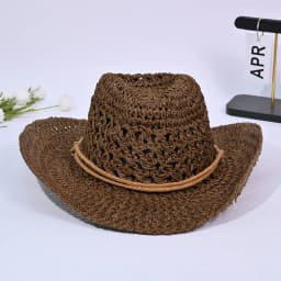 Summer Beach Sunscreen Panama Straw Cap With String Classic Hollow Design Paper Straw Western Cowboy Hats