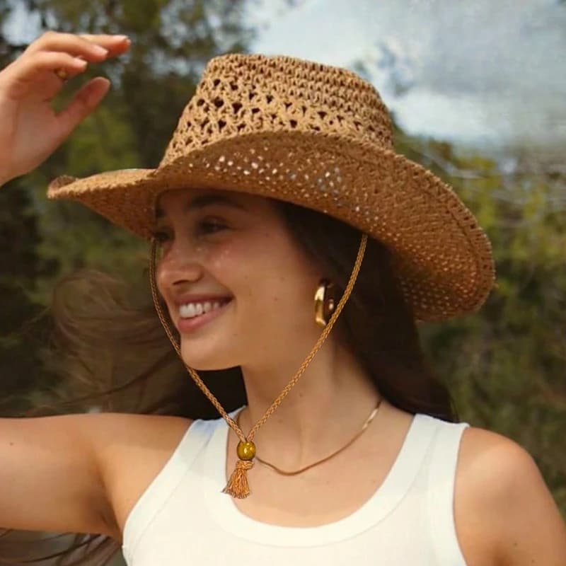 Summer Beach Sunscreen Panama Straw Cap With String Classic Hollow Design Paper Straw Western Cowboy Hats