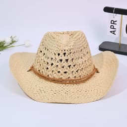Summer Beach Sunscreen Panama Straw Cap With String Classic Hollow Design Paper Straw Western Cowboy Hats