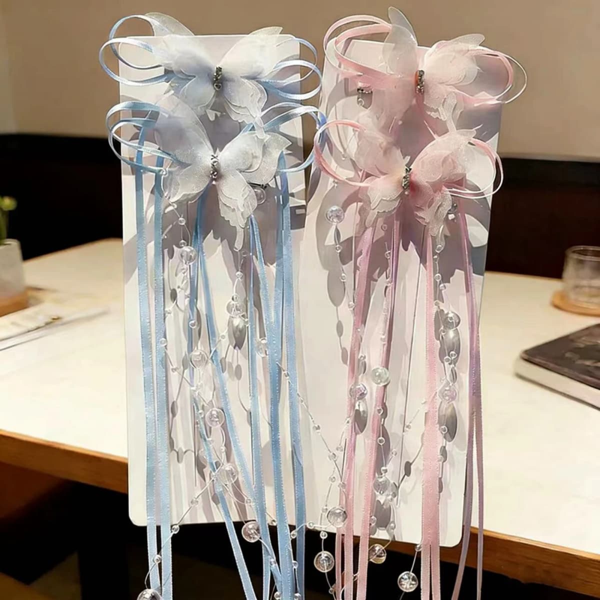 2Pcs Elegant Tulle Butterfly Hair Clips With Tassel Beads For Women Girls Fairy Hair Accessories For Wedding Party Daily Wear