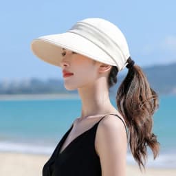 Casual Wide Brim Women Summer Sun Hat UV Protection Foldable Empty Top Ponytail Cap Detachable Adjustable Beach Cap