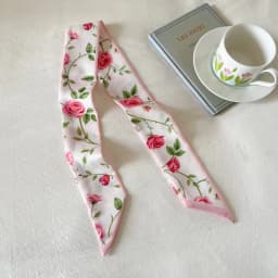 Elegant ladies’ long ribbon scarf with a rose pattern; versatile as a hairband, bag strap or neck scarf; a stylish accessory