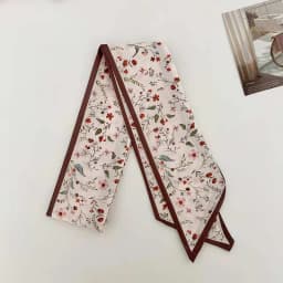 Elegant ladies’ long ribbon scarf with a rose pattern; versatile as a hairband, bag strap or neck scarf; a stylish accessory