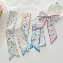 Elegant ladies’ long ribbon scarf with a rose pattern; versatile as a hairband, bag strap or neck scarf; a stylish accessory