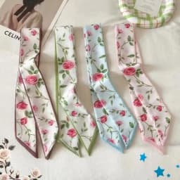 Elegant ladies’ long ribbon scarf with a rose pattern; versatile as a hairband, bag strap or neck scarf; a stylish accessory