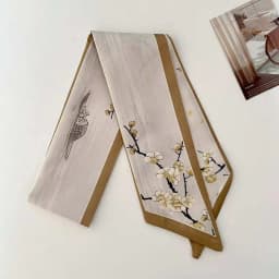 Elegant ladies’ long ribbon scarf with a rose pattern; versatile as a hairband, bag strap or neck scarf; a stylish accessory