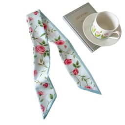 Elegant ladies’ long ribbon scarf with a rose pattern; versatile as a hairband, bag strap or neck scarf; a stylish accessory