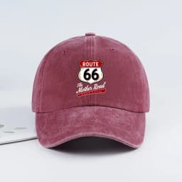 Vintage Route 66 "The Mother Road" Print Washed Baseball Cap Adjustable Unisex Biker Travel Sun Hat
