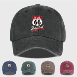 Vintage Route 66 "The Mother Road" Print Washed Baseball Cap Adjustable Unisex Biker Travel Sun Hat