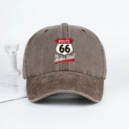 Vintage Route 66 "The Mother Road" Print Washed Baseball Cap Adjustable Unisex Biker Travel Sun Hat
