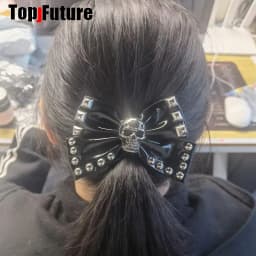 Steampunk Y2K Girl Mars Gal Harajuku Street Goth Subculture PU Leather Skull Rivet Lolita Women Bow Hair Clip Top Hairpin