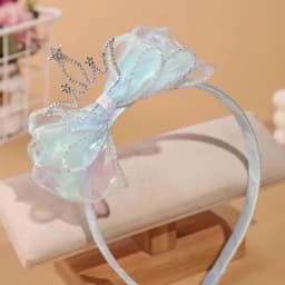 Fashionable and Simple Children's Crown Hairband - Glowing Blue Tulle Bow Hairband - Girls' Stage Performance / Formal Dress Accessory