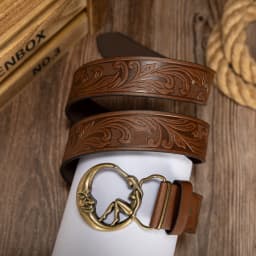 Fashionable Retro Peacock Tail Pattern PU Leather Belt Moon Girl Buckle Unisex Waist Belt Stylish Pressed Flower Design Belt